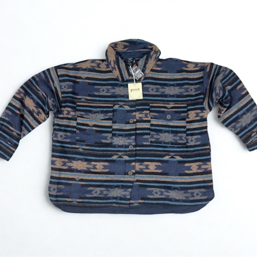 Perch by Blu Pepper Womens 1XL Southwestern Geometric Fleece Shacket Navy Tan